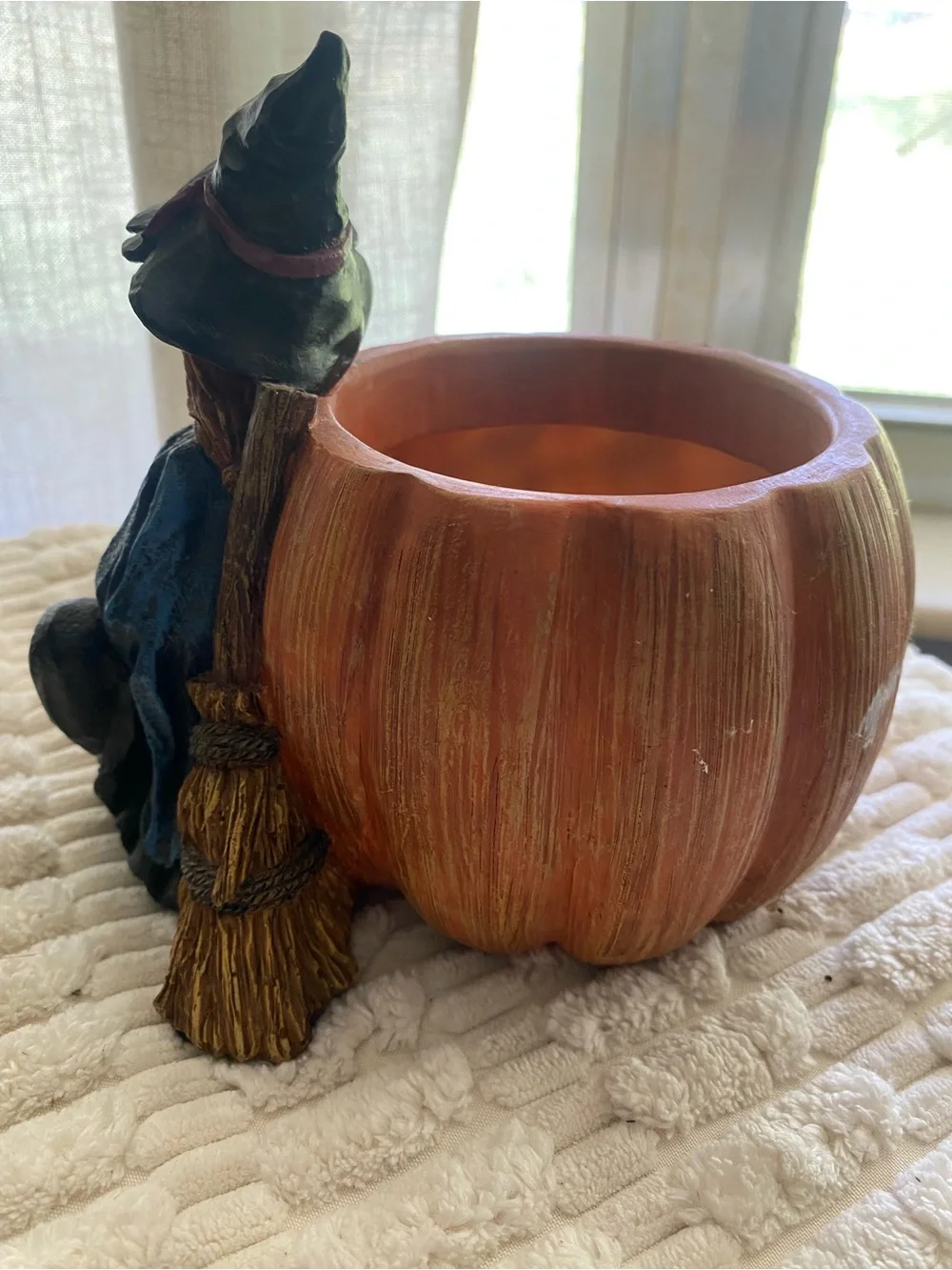 Hand-Painted Witch Figurine with Pumpkin Candle Holder / Votive - Black & Orange